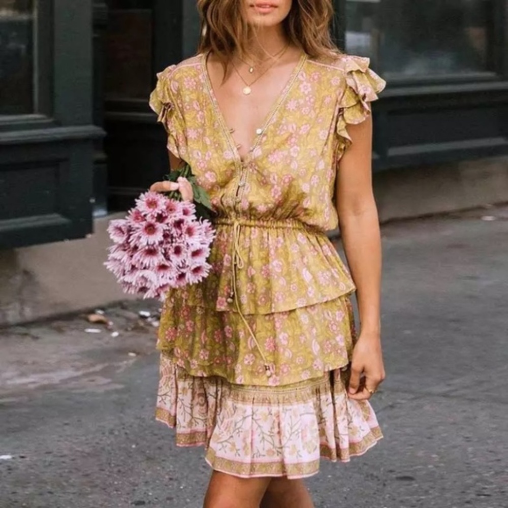 Green Floral Boho Retro Tiered Ruffle Mini Dress